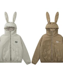 Vintage-Inspired Rabbit Ear Hooded Jacket with Plush Lining, Loose Fit Short Cotton Coat, Cute Y2K Style for Trendy Outfits