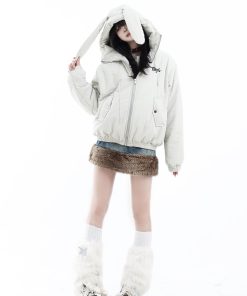 Vintage-Inspired Rabbit Ear Hooded Jacket with Plush Lining, Loose Fit Short Cotton Coat, Cute Y2K Style for Trendy Outfits