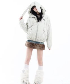 Vintage-Inspired Rabbit Ear Hooded Jacket with Plush Lining, Loose Fit Short Cotton Coat, Cute Y2K Style for Trendy Outfits