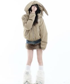 Vintage-Inspired Rabbit Ear Hooded Jacket with Plush Lining, Loose Fit Short Cotton Coat, Cute Y2K Style for Trendy Outfits