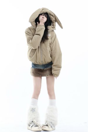 Vintage-Inspired Rabbit Ear Hooded Jacket with Plush Lining, Loose Fit Short Cotton Coat, Cute Y2K Style for Trendy Outfits