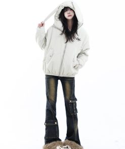 Vintage-Inspired Rabbit Ear Hooded Jacket with Plush Lining, Loose Fit Short Cotton Coat, Cute Y2K Style for Trendy Outfits