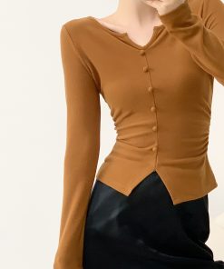 Vintage-Inspired V-Neck Knitted Top for Women with Pleated Design and Slim Fit, Perfect for Y2K and Korean Style Fashion