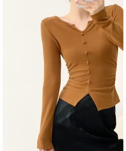 Vintage-Inspired V-Neck Knitted Top for Women with Pleated Design and Slim Fit, Perfect for Y2K and Korean Style Fashion