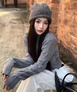 Vintage-Inspired Women's Turtleneck Cable Knit Cardigan with Double Zipper, Autumn Winter Short Knitted Top, Thick Cozy Layering Piece