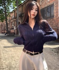 Vintage-Inspired Women's Turtleneck Cable Knit Cardigan with Double Zipper, Autumn Winter Short Knitted Top, Thick Cozy Layering Piece