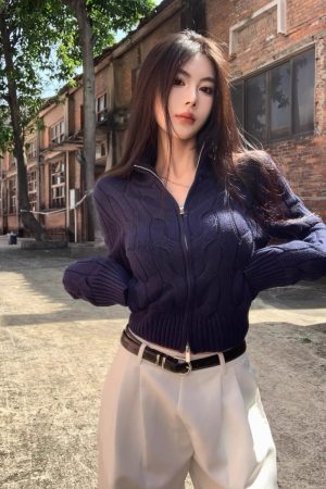 Vintage-Inspired Women's Turtleneck Cable Knit Cardigan with Double Zipper, Autumn Winter Short Knitted Top, Thick Cozy Layering Piece
