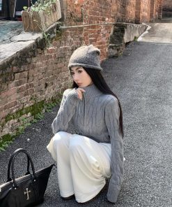 Vintage-Inspired Women's Turtleneck Cable Knit Cardigan with Double Zipper, Autumn Winter Short Knitted Top, Thick Cozy Layering Piece