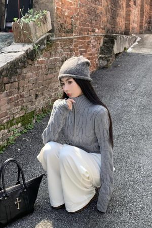 Vintage-Inspired Women's Turtleneck Cable Knit Cardigan with Double Zipper, Autumn Winter Short Knitted Top, Thick Cozy Layering Piece