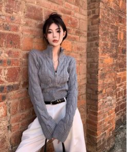 Vintage-Inspired Women's Turtleneck Cable Knit Cardigan with Double Zipper, Autumn Winter Short Knitted Top, Thick Cozy Layering Piece