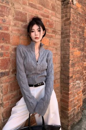 Vintage-Inspired Women's Turtleneck Cable Knit Cardigan with Double Zipper, Autumn Winter Short Knitted Top, Thick Cozy Layering Piece