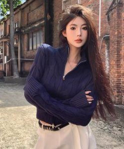 Vintage-Inspired Women's Turtleneck Cable Knit Cardigan with Double Zipper, Autumn Winter Short Knitted Top, Thick Cozy Layering Piece