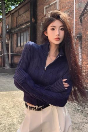 Vintage-Inspired Women's Turtleneck Cable Knit Cardigan with Double Zipper, Autumn Winter Short Knitted Top, Thick Cozy Layering Piece