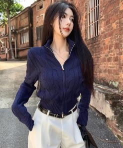 Vintage-Inspired Women's Turtleneck Cable Knit Cardigan with Double Zipper, Autumn Winter Short Knitted Top, Thick Cozy Layering Piece