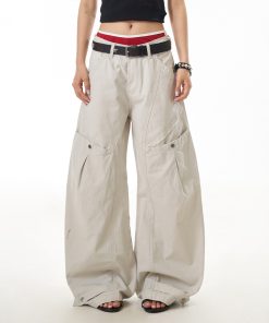 Vintage Inspired Women's Wide Leg Pleated Pants - Casual Curved Blade Design, Loose Fit, Washed Finish, Trendy American Style