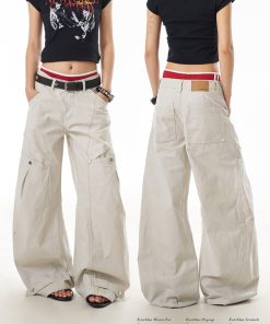 Vintage Inspired Women's Wide Leg Pleated Pants - Casual Curved Blade Design, Loose Fit, Washed Finish, Trendy American Style