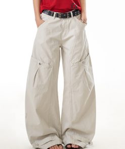 Vintage Inspired Women's Wide Leg Pleated Pants - Casual Curved Blade Design, Loose Fit, Washed Finish, Trendy American Style