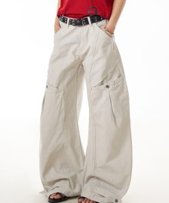 Vintage Inspired Women's Wide Leg Pleated Pants - Casual Curved Blade Design, Loose Fit, Washed Finish, Trendy American Style