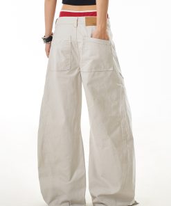 Vintage Inspired Women's Wide Leg Pleated Pants - Casual Curved Blade Design, Loose Fit, Washed Finish, Trendy American Style