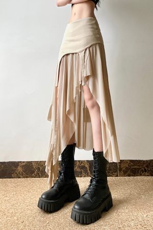 Vintage Irregular Hem Low Waist Skirt - Women's Long Skirt in Wasteland Style for Boho and Festival Fashion