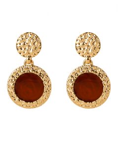 Vintage Irregular Metal Texture Round Amber Tortoiseshell Clip Earrings - Handmade Floating Art Design