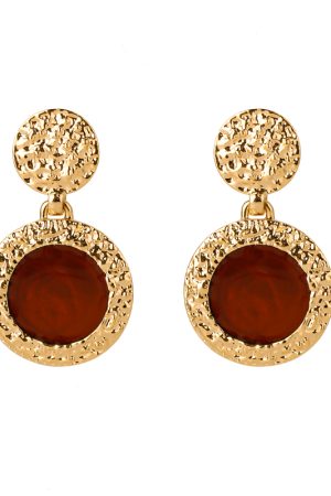 Vintage Irregular Metal Texture Round Amber Tortoiseshell Clip Earrings - Handmade Floating Art Design