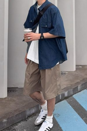 Vintage Japanese-Style Distressed Denim Short Sleeve Shirt for Men and Women, Summer Loose Fit with Double Pockets, Casual Trendy Wear