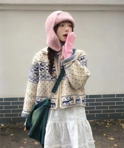 Vintage Japanese-Style Heavy-Duty Stand Collar Zip-Up Knitted Cardigan with Snowflake Embroidery for Women - Autumn Winter Fashion