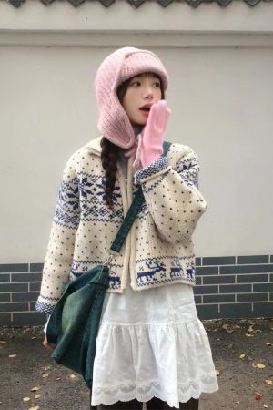 Vintage Japanese-Style Heavy-Duty Stand Collar Zip-Up Knitted Cardigan with Snowflake Embroidery for Women - Autumn Winter Fashion