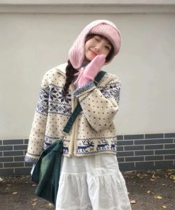 Vintage Japanese-Style Heavy-Duty Stand Collar Zip-Up Knitted Cardigan with Snowflake Embroidery for Women - Autumn Winter Fashion