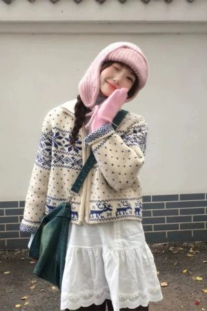 Vintage Japanese-Style Heavy-Duty Stand Collar Zip-Up Knitted Cardigan with Snowflake Embroidery for Women - Autumn Winter Fashion