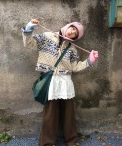 Vintage Japanese-Style Heavy-Duty Stand Collar Zip-Up Knitted Cardigan with Snowflake Embroidery for Women - Autumn Winter Fashion