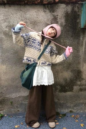 Vintage Japanese-Style Heavy-Duty Stand Collar Zip-Up Knitted Cardigan with Snowflake Embroidery for Women - Autumn Winter Fashion
