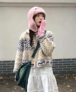 Vintage Japanese-Style Heavy-Duty Stand Collar Zip-Up Knitted Cardigan with Snowflake Embroidery for Women - Autumn Winter Fashion