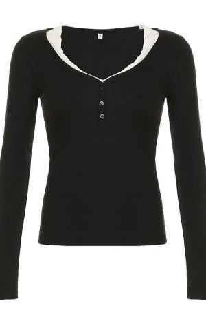 Vintage Lace Spliced Black Button Fake Two-Piece Long Sleeve T-Shirt for Women - 2025 Spring Autumn Style, Y2K Fashion Top