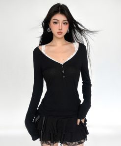 Vintage Lace Spliced Black Button Fake Two-Piece Long Sleeve T-Shirt for Women - 2025 Spring Autumn Style, Y2K Fashion Top