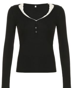 Vintage Lace Spliced Black Button Fake Two-Piece Long Sleeve T-Shirt for Women - 2025 Spring Autumn Style, Y2K Fashion Top