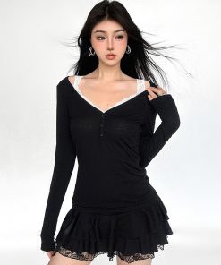 Vintage Lace Spliced Black Button Fake Two-Piece Long Sleeve T-Shirt for Women - 2025 Spring Autumn Style, Y2K Fashion Top