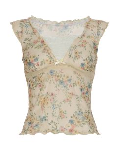 Vintage Lace Spliced Low Neck Short Top with Faux Two-Piece Design - Y2K Inspired Fashion for Effortless Style