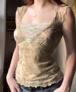 Vintage Lace Spliced Low Neck Short Top with Faux Two-Piece Design - Y2K Inspired Fashion for Effortless Style