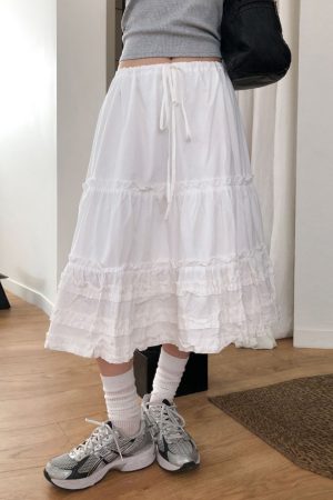 Vintage Lace-Up White Midi Skirt - Korean Style A-Line Skirt for a Chic 90s Inspired Look