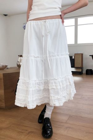 Vintage Lace-Up White Midi Skirt - Korean Style A-Line Skirt for a Chic 90s Inspired Look