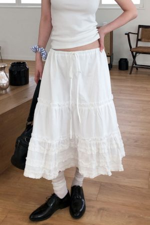 Vintage Lace-Up White Midi Skirt - Korean Style A-Line Skirt for a Chic 90s Inspired Look