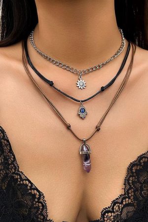Vintage Layered Necklace with Buddha Pendant and Crystal Column - Sweet Cool Pastoral Style Jewelry for Trendy Girls