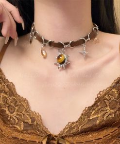 Vintage Leather Spliced Sun Pendant Choker Necklace for Women, Collarbone Chain Neck Accessory, Bohemian Style Jewelry