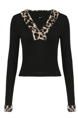 Vintage Leopard Print Black Fur Collar Deep V Long Sleeve T-Shirt - Women's Waist-Defining Top for Autumn Winter 2025 Fashion