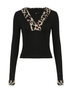 Vintage Leopard Print Black Fur Collar Deep V Long Sleeve T-Shirt - Women's Waist-Defining Top for Autumn Winter 2025 Fashion