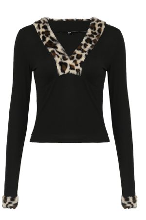 Vintage Leopard Print Black Fur Collar Deep V Long Sleeve T-Shirt - Women's Waist-Defining Top for Autumn Winter 2025 Fashion