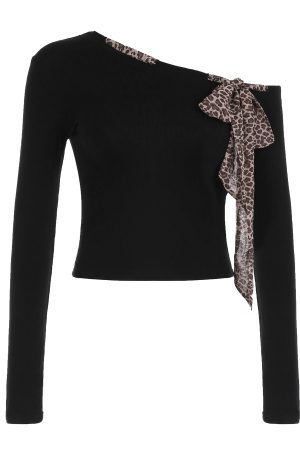 Vintage Leopard Print Tie Shoulder Long Sleeve Off-Shoulder T-Shirt - Waist-Defining Black Top for Spring Autumn Fashion 2025