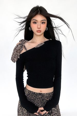Vintage Leopard Print Tie Shoulder Long Sleeve Off-Shoulder T-Shirt - Waist-Defining Black Top for Spring Autumn Fashion 2025
